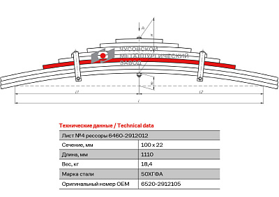 Лист №5 Рессора задняя для грузовиков производства ПАО КамАЗ 6520, 6522, 65221 13 листов